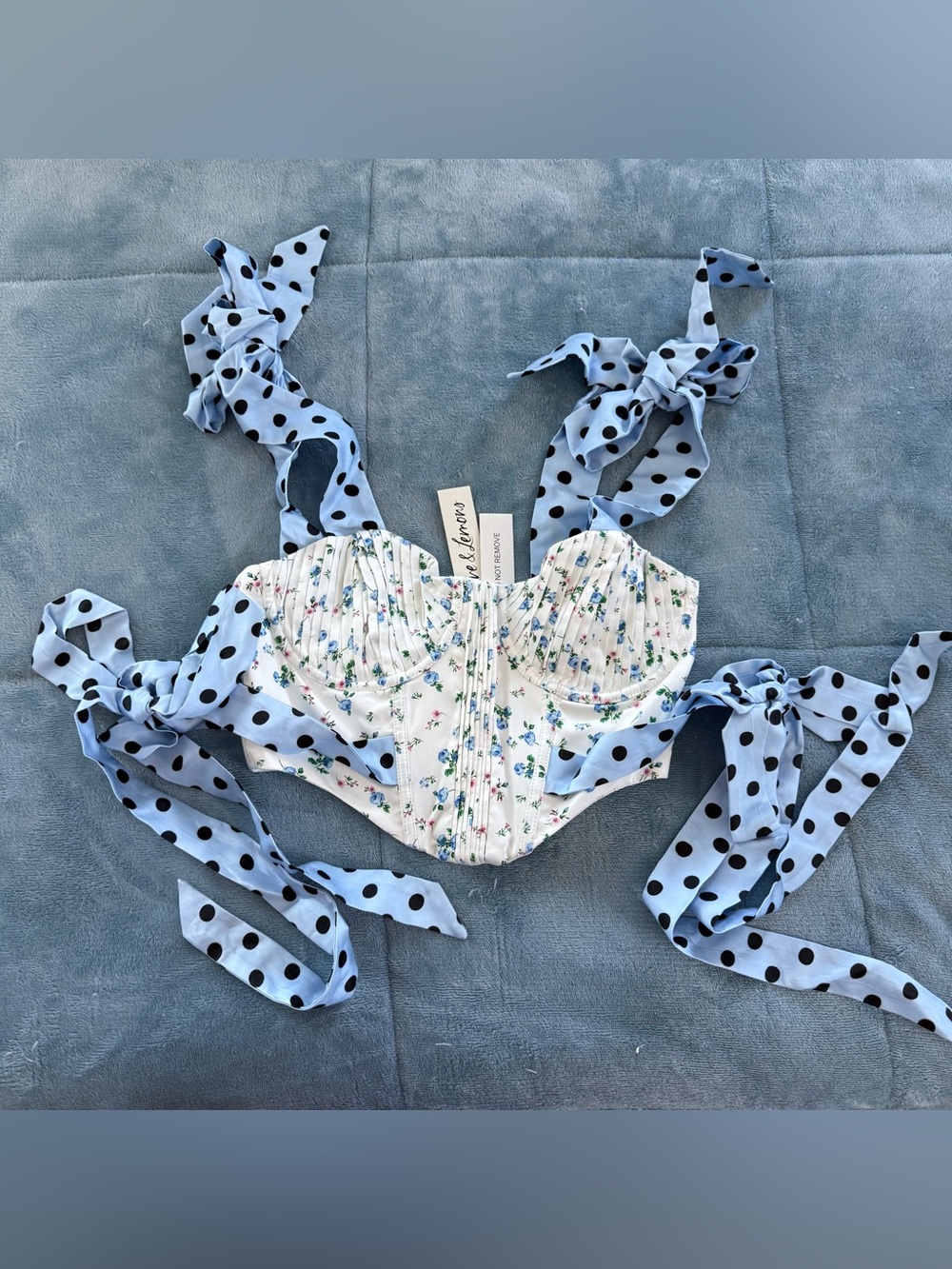 FOR LOVE & LEMONS Eugene Bustier Corset Top Floral White Blue Polka Dot Bow - Picture 6 of 8